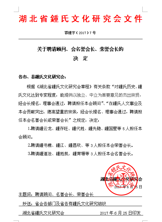 湖北省会关于聘请顾问、名誉会长、荣誉会长的决定