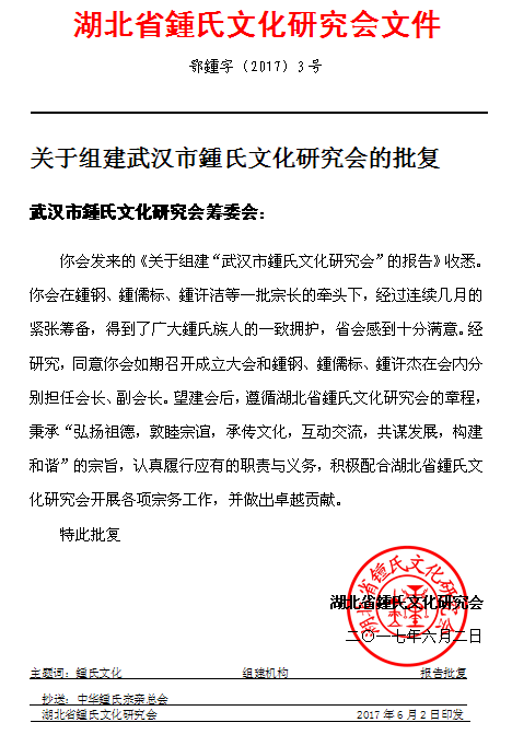 湖北省会关于组建武汉市鍾氏文化研究会的批复