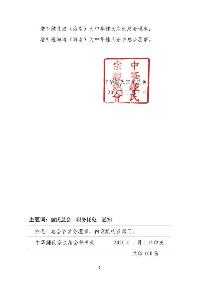 关于增补中华鍾氏宗亲总会常务理事、副会长、理事的通知